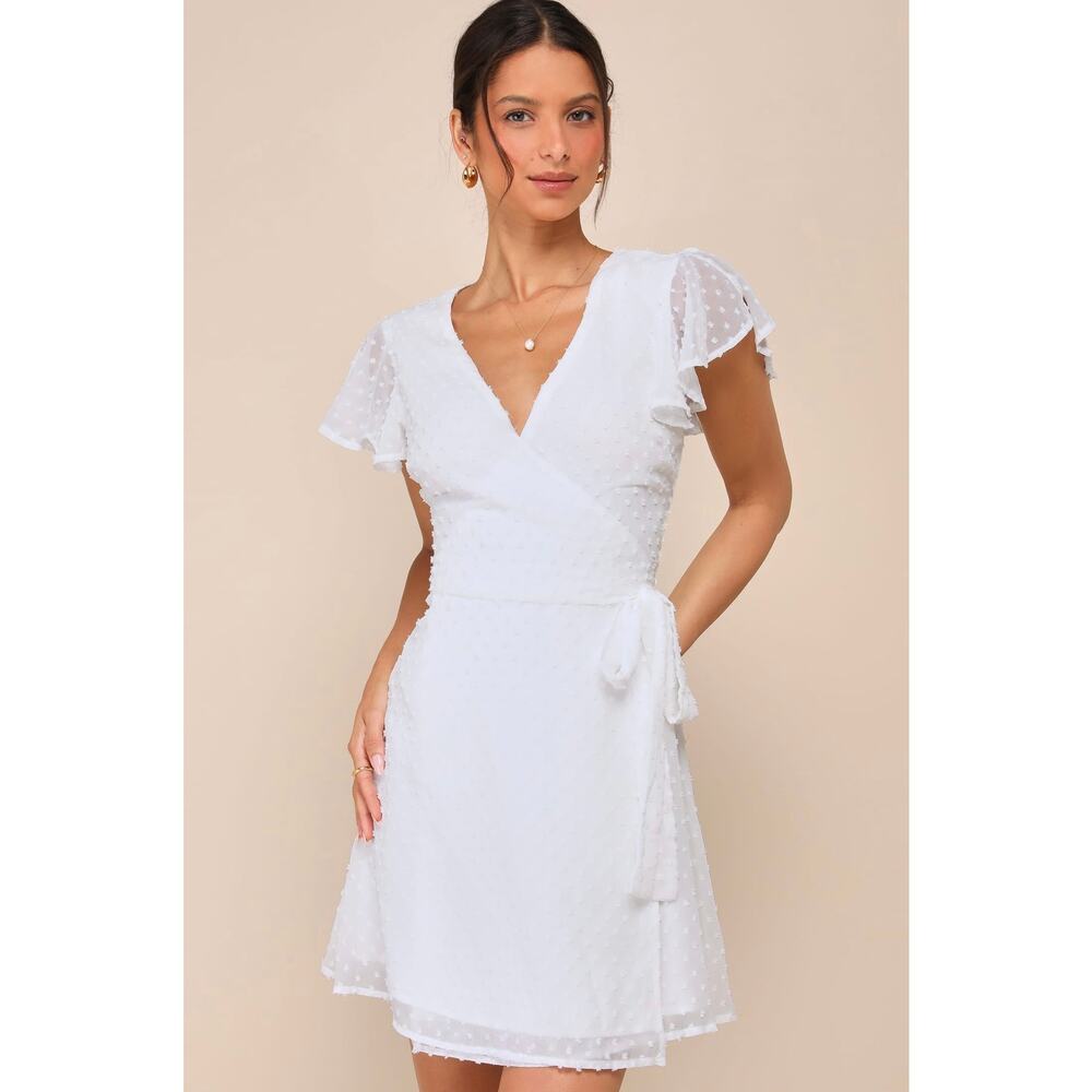Lulus Much to Celebrate White Swiss Dot Flutter Sleeve Wrap Mini Dress XL